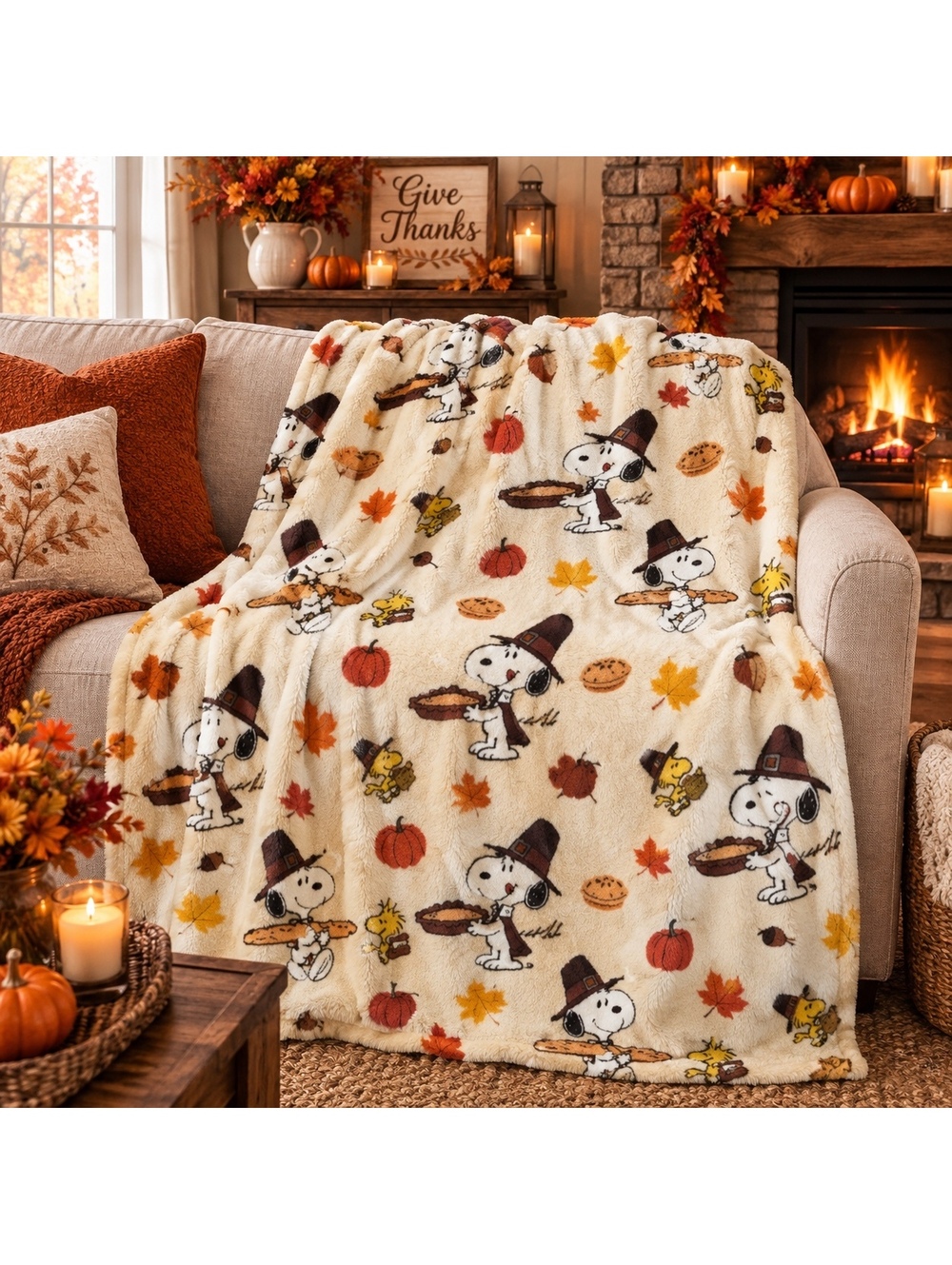 NEW Rare Peanuts Snoopy Woodstock Soft Fall Pilgrim Throw Blanket Size 50'×70"